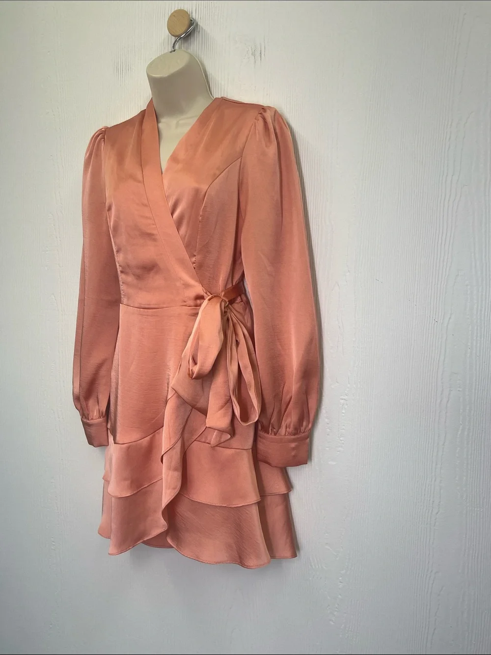 Lulus - Glow Forever Peach Pink Long Sleeve Ruffled Wrap Mini Dress Size Medium - Picture 6 of 10